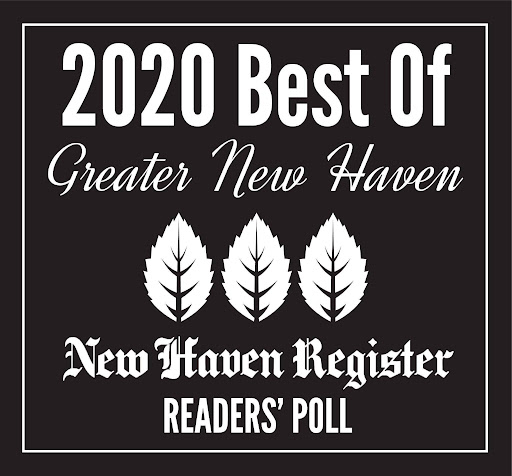 Award badge: 2020 Best Of Greater New Haven with three white leaves, 'New Haven Register' and 'Readers’ Poll' on a black background.