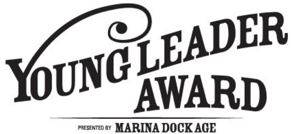 Logo for the Young Leader Award, with curved bold typography and a line, and small text 'Presented by Marina Dockage' beneath.